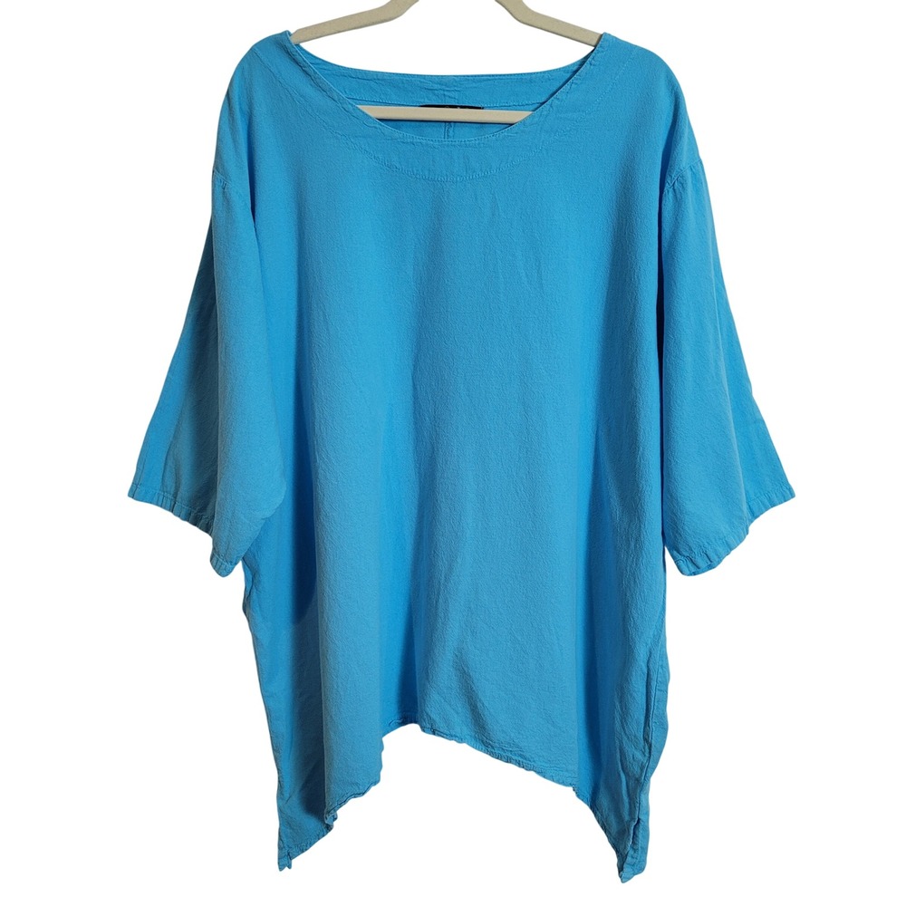 Giocam Womens Turquoise 100% Cotton Sharkbite Hem Oversized Top Made in Peru Med